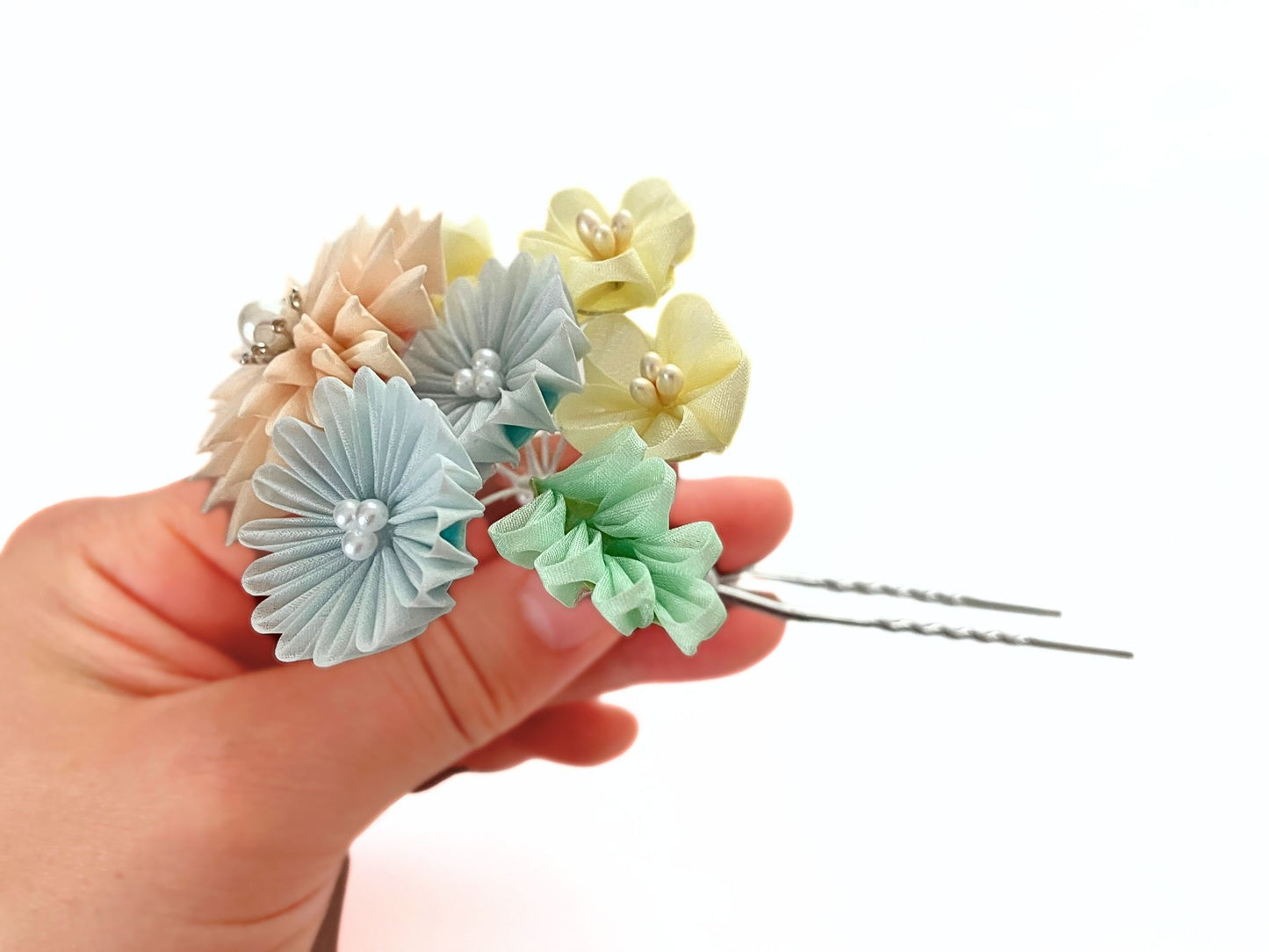 Wedding Accessories,Jewelry Fabric,Handmade Japanese Accessories,Hair Accessories Spring Flower Hairpin Set,Japanese Fine Silk,Tsumami Kanzashi,Gift for her