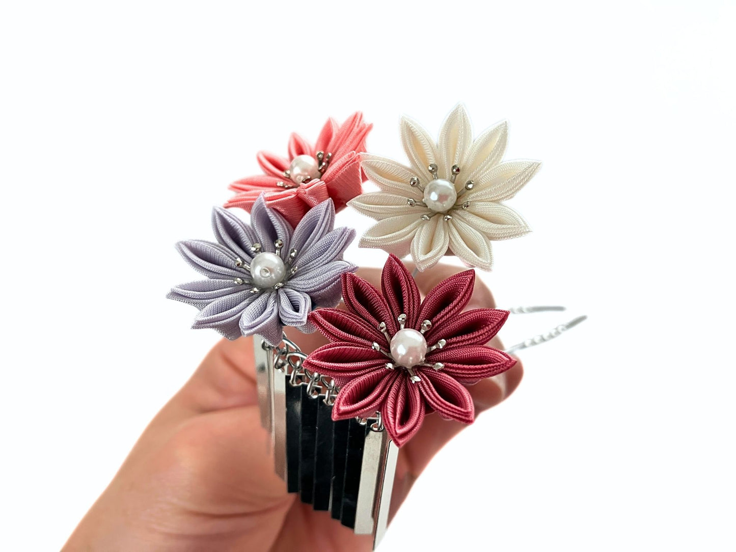 Wedding Accessories,Jewelry Flowers Fabric,Handmade Japanese Accessories、Hair Accessories small flowers and Ginbira Kanzashi、Tsumami Kanzashi,Gift for her