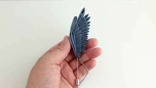 Blue Angel Feather Lapel Pin  , Tsumami Kanzashi Japanese Fabric ,  Gifts for Father Husband